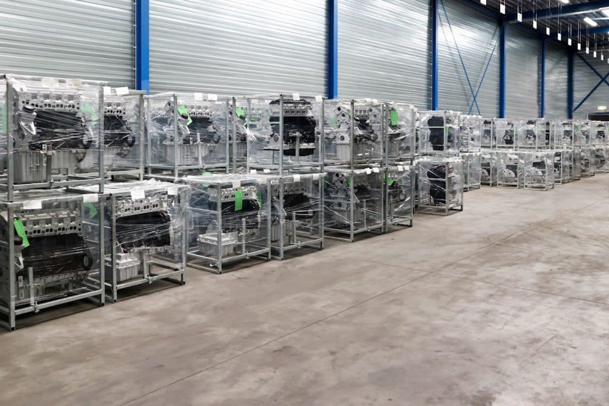 Rows of reconditioned engines ready for dispatch in the Motorlager warehouse